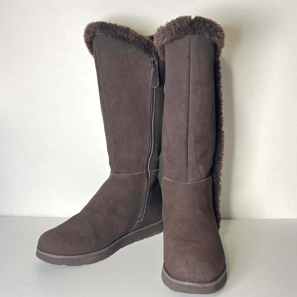 Lands End‎ Womens Dark Brown Leather Suede Faux Fur Lined Tall Winter Boots 8B